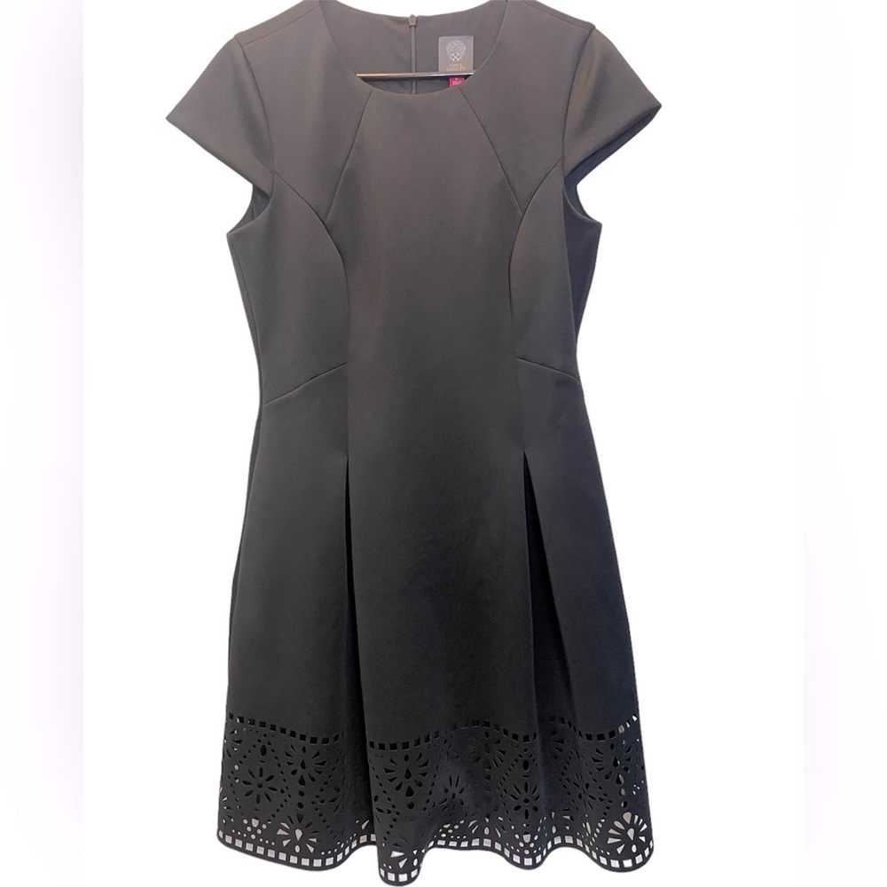 Vince Camuto Little Black Cocktail Dress Laser Cut Hem Cap Sleeve Sz 12
